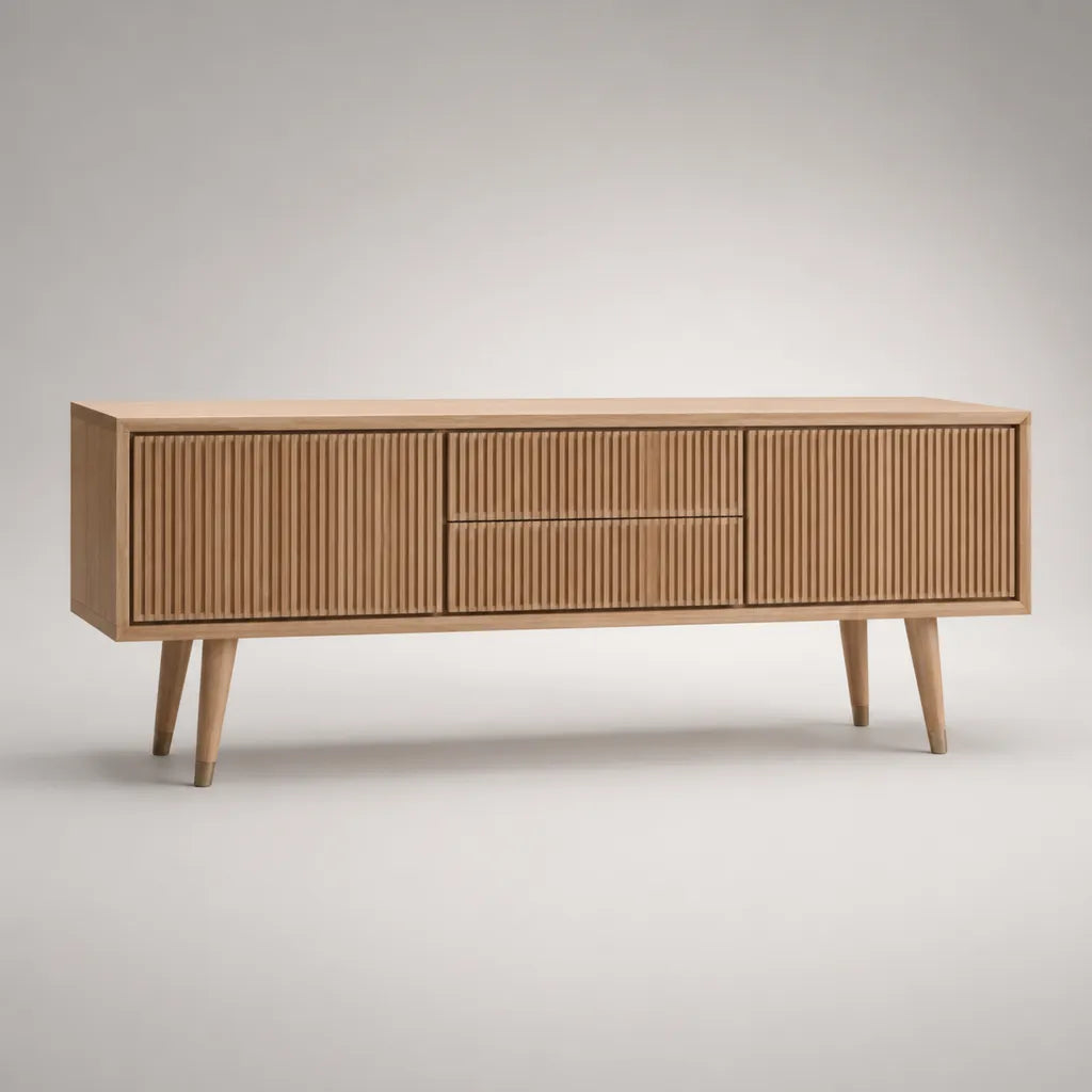 Mobile TV rettangolare in MDF impiallacciato rovere con 2 ante e 2 cassetti, rovere naturale, 160 × 40 × 60 cm