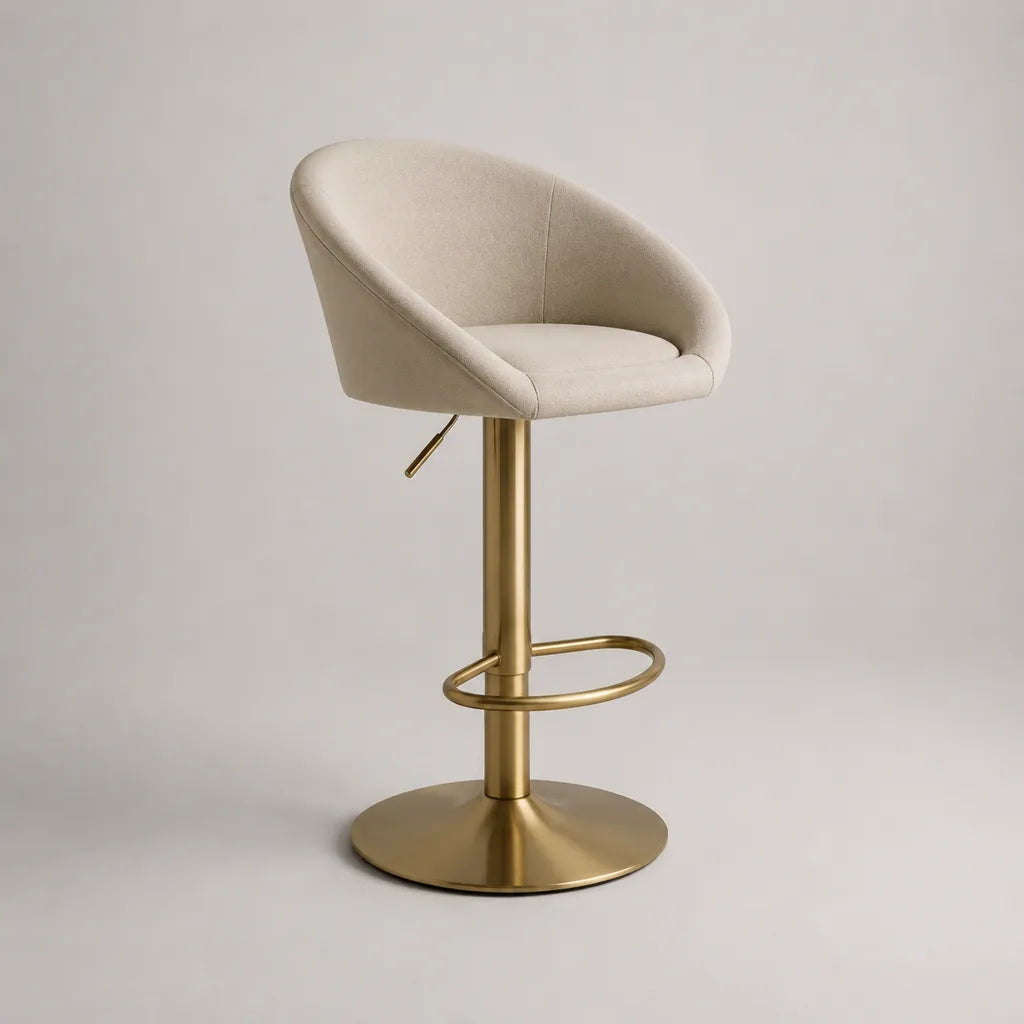 Sgabello da bar girevole regolabile in poliestere bouclé beige e acciaio dorato, 54 × 53 × 88-109 cm