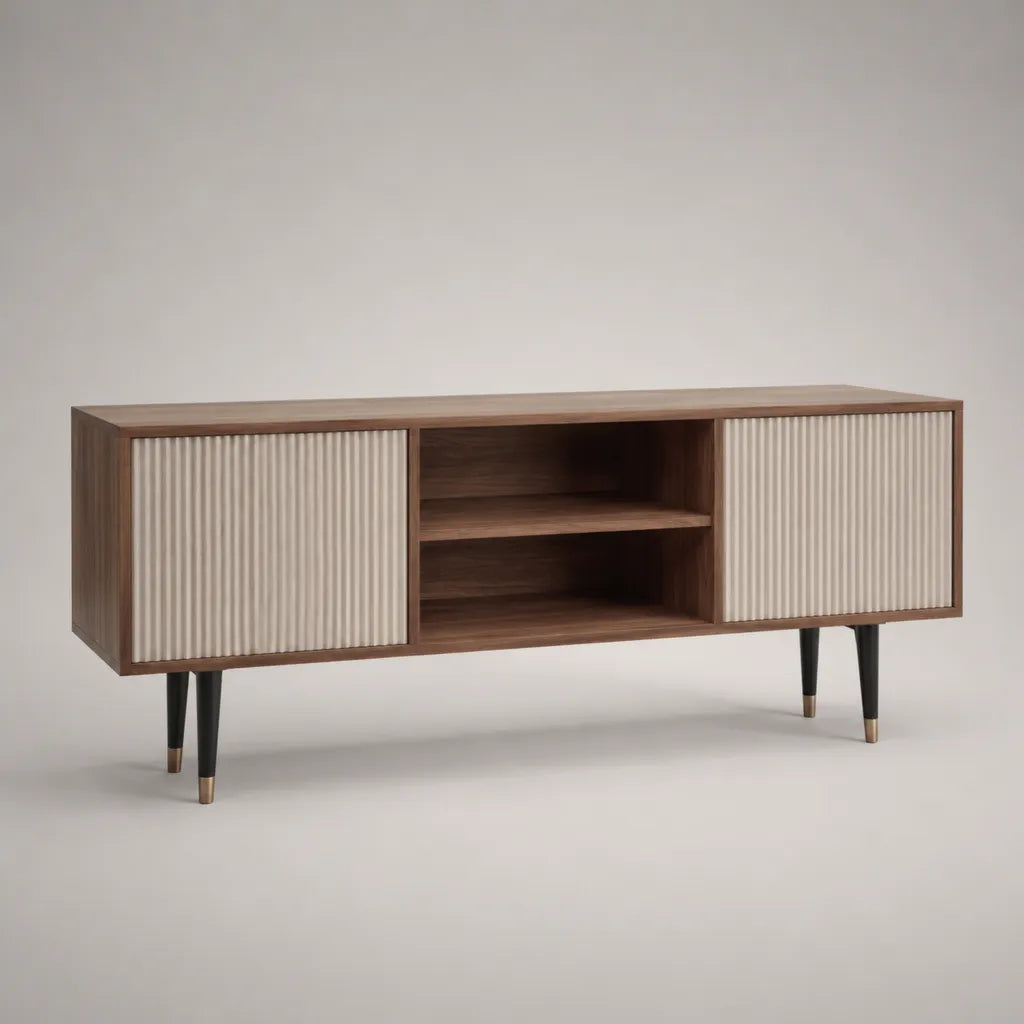 Mobile TV basso in MDF effetto noce con 2 ante scanalate beige, 2 vani aperti e gambe in metallo, 150 x 40 x 65 cm