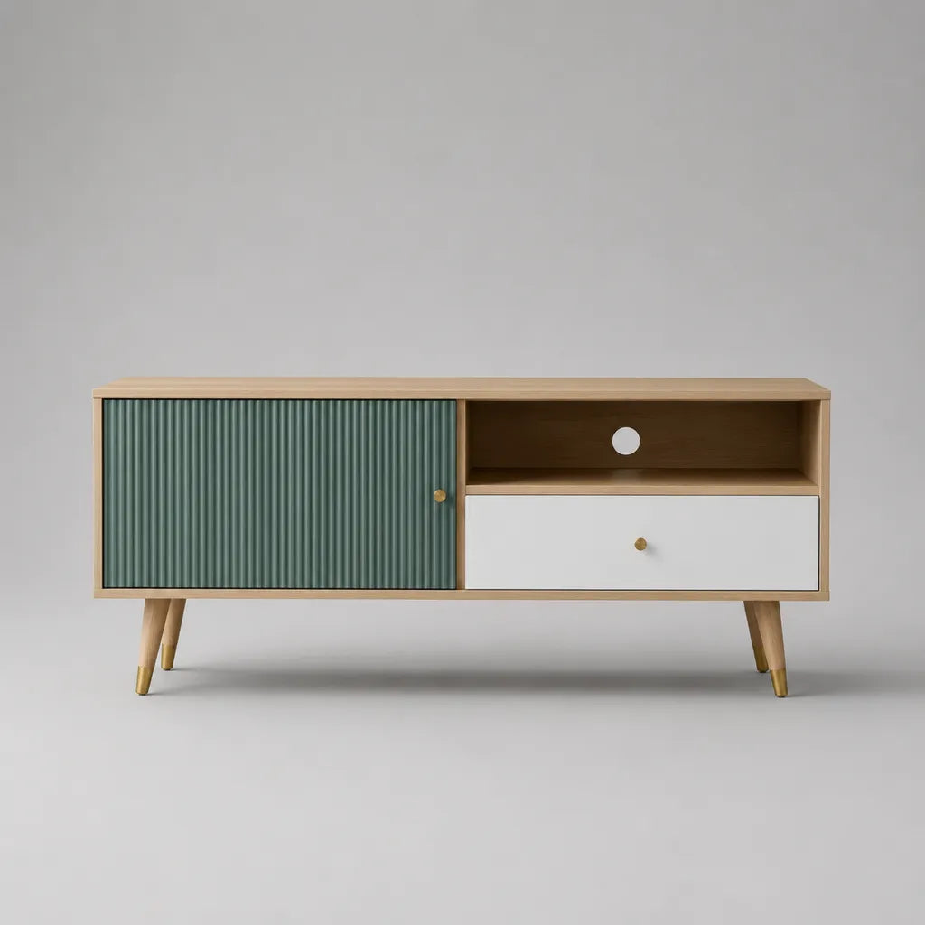 Mobile TV basso in MDF effetto rovere con anta scanalata verde salvia e cassetto bianco, 120 × 40 × 60 cm