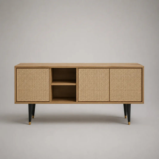 Mobile TV con 3 ante in MDF, rattan naturale e metallo, rovere naturale, nero e ottone, 160 x 40 x 75 cm
