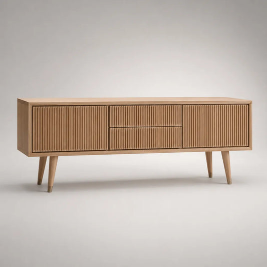 Mobile TV rettangolare in MDF impiallacciato rovere con 2 ante e 2 cassetti, rovere naturale, 160 × 40 × 60 cm