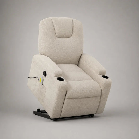 Poltrona relax alzapersona elettrica in tessuto bouclé beige con 2 portabicchieri, 90 × 95 × 108 cm