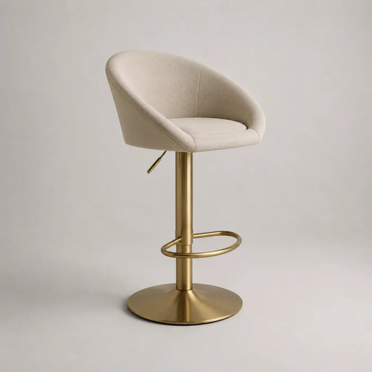 Sgabello da bar girevole regolabile in poliestere bouclé beige e acciaio dorato, 54 × 53 × 88-109 cm