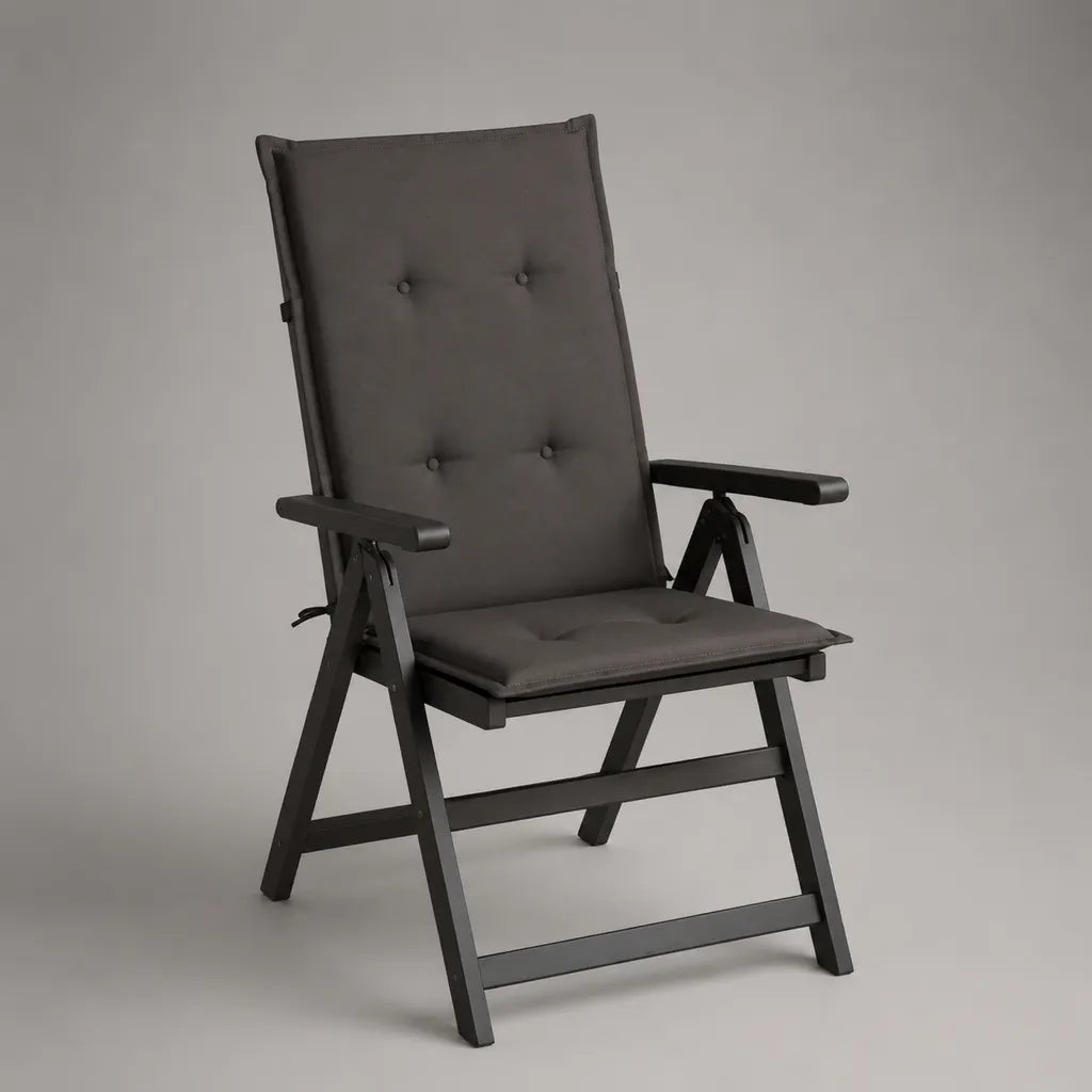 Sedia da giardino reclinabile e pieghevole in legno massello di acacia con cuscino grigio scuro, 58 x 70 x 110 cm