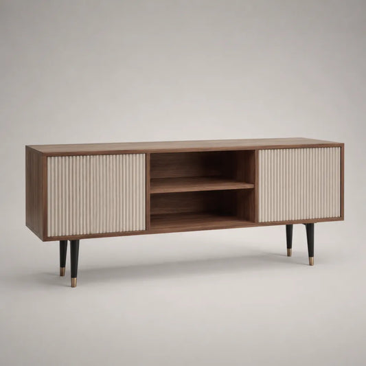 Mobile TV basso in MDF effetto noce con 2 ante scanalate beige, 2 vani aperti e gambe in metallo, 150 x 40 x 65 cm