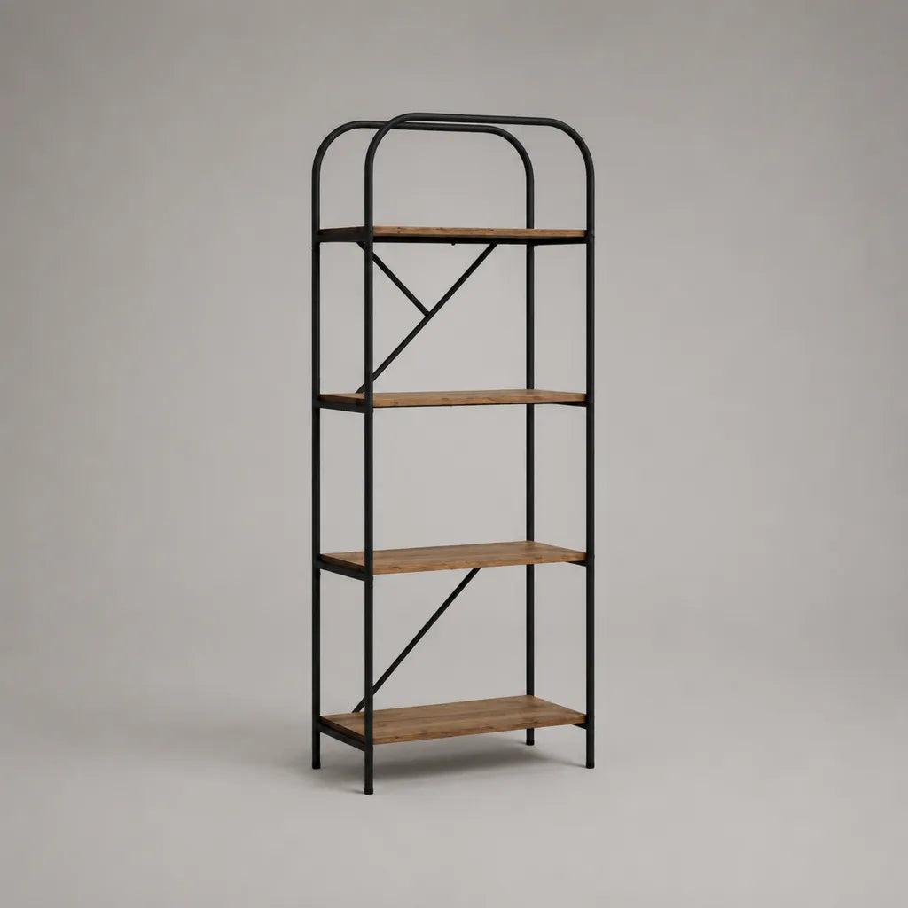 Libreria rettangolare a 4 ripiani in legno massello e acciaio nero, 60 × 35 × 170 cm