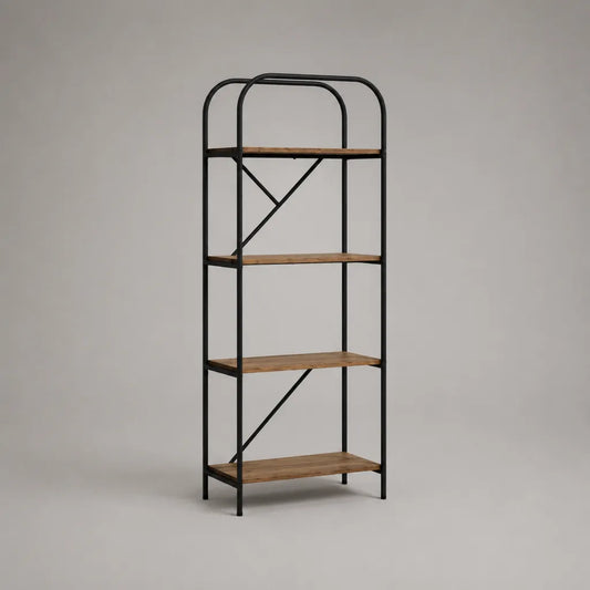 Libreria rettangolare a 4 ripiani in legno massello e acciaio nero, 60 × 35 × 170 cm