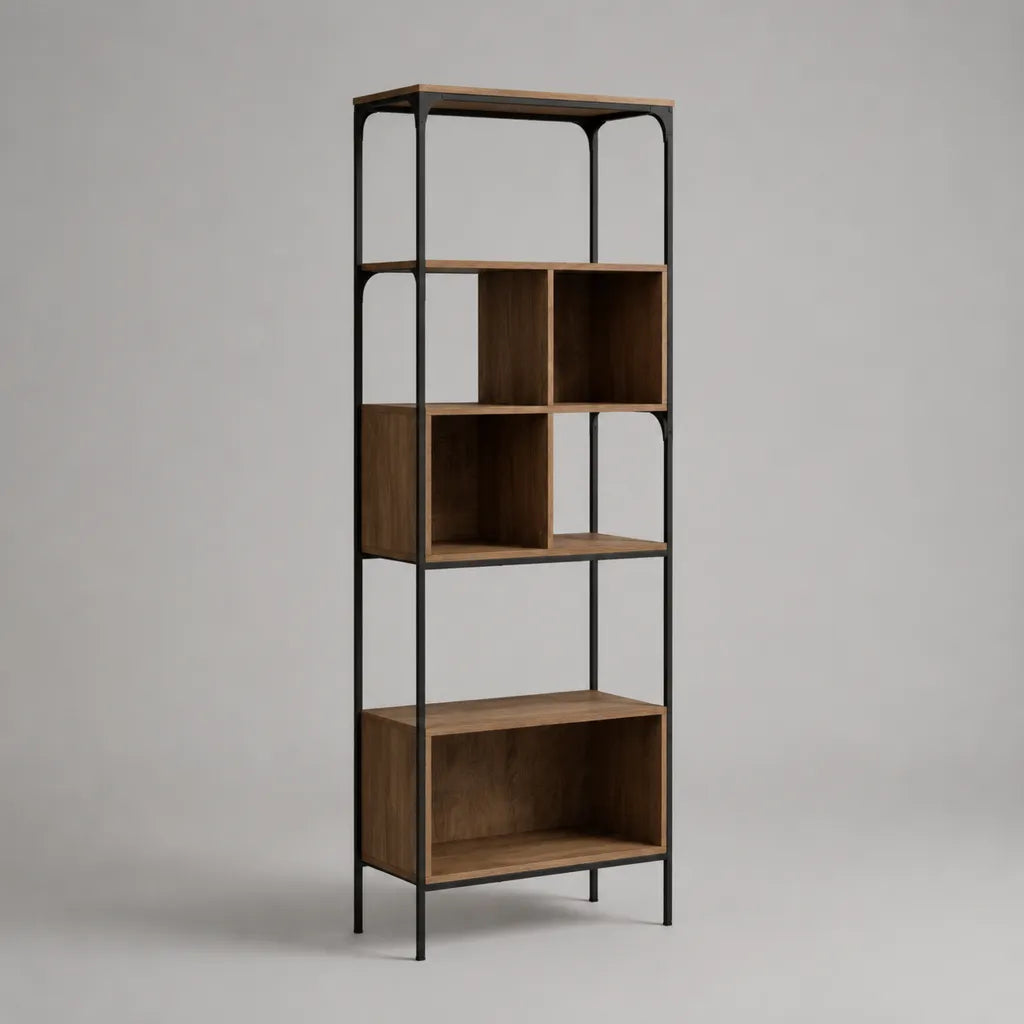 Libreria alta a 6 ripiani in MDF effetto noce e acciaio nero, 60 × 30 × 180 cm