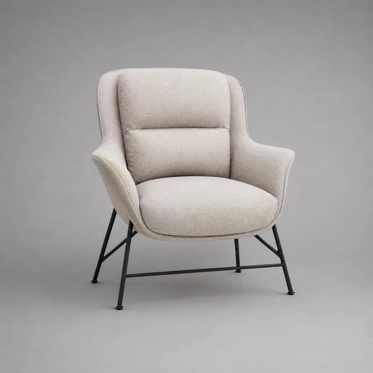 Poltrona imbottita in tessuto e acciaio, beige e nero, 76 x 82 x 91 cm