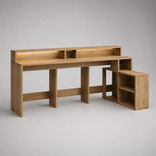 Scrivania angolare a L in pannelli melaminici effetto rovere naturale con libreria, ripiani e illuminazione LED, 210 × 120 × 110 cm