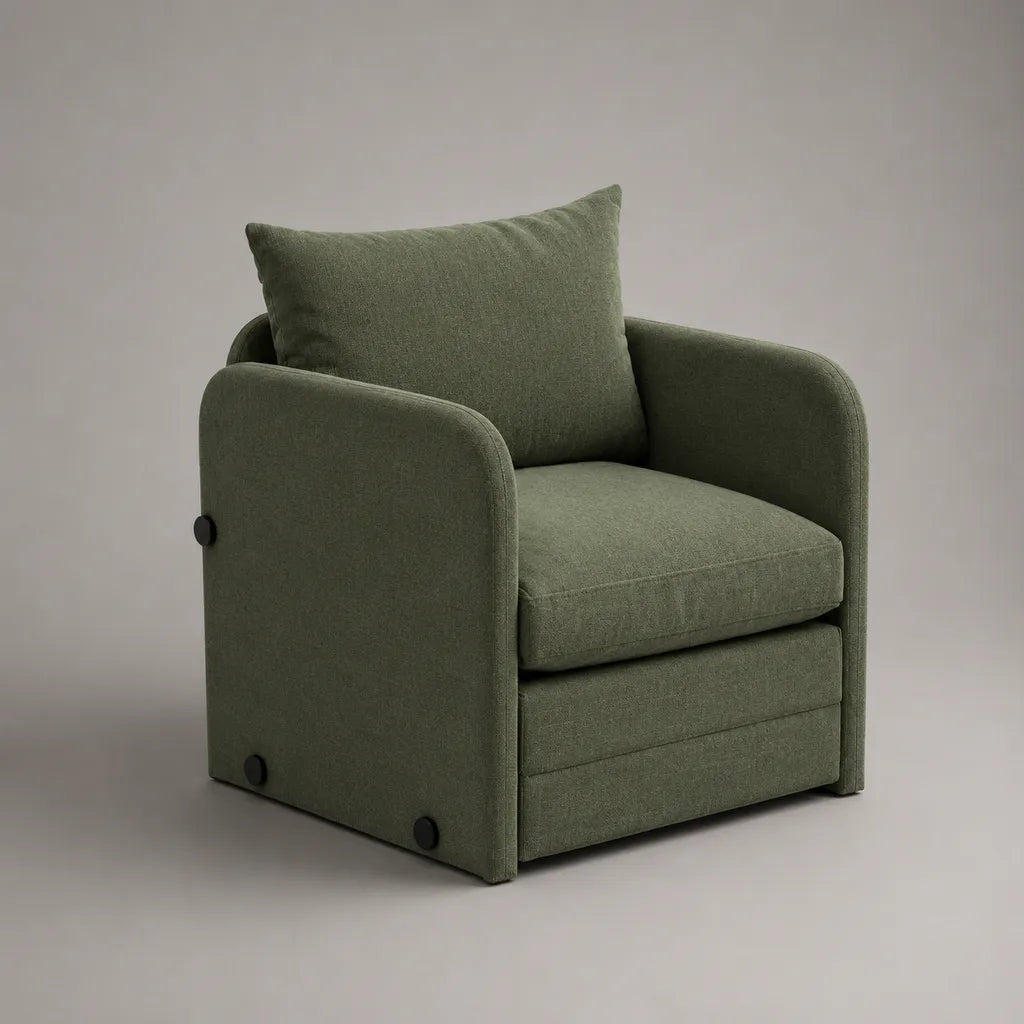Poltrona imbottita in tessuto verde salvia con braccioli, 82 × 78 × 82 cm