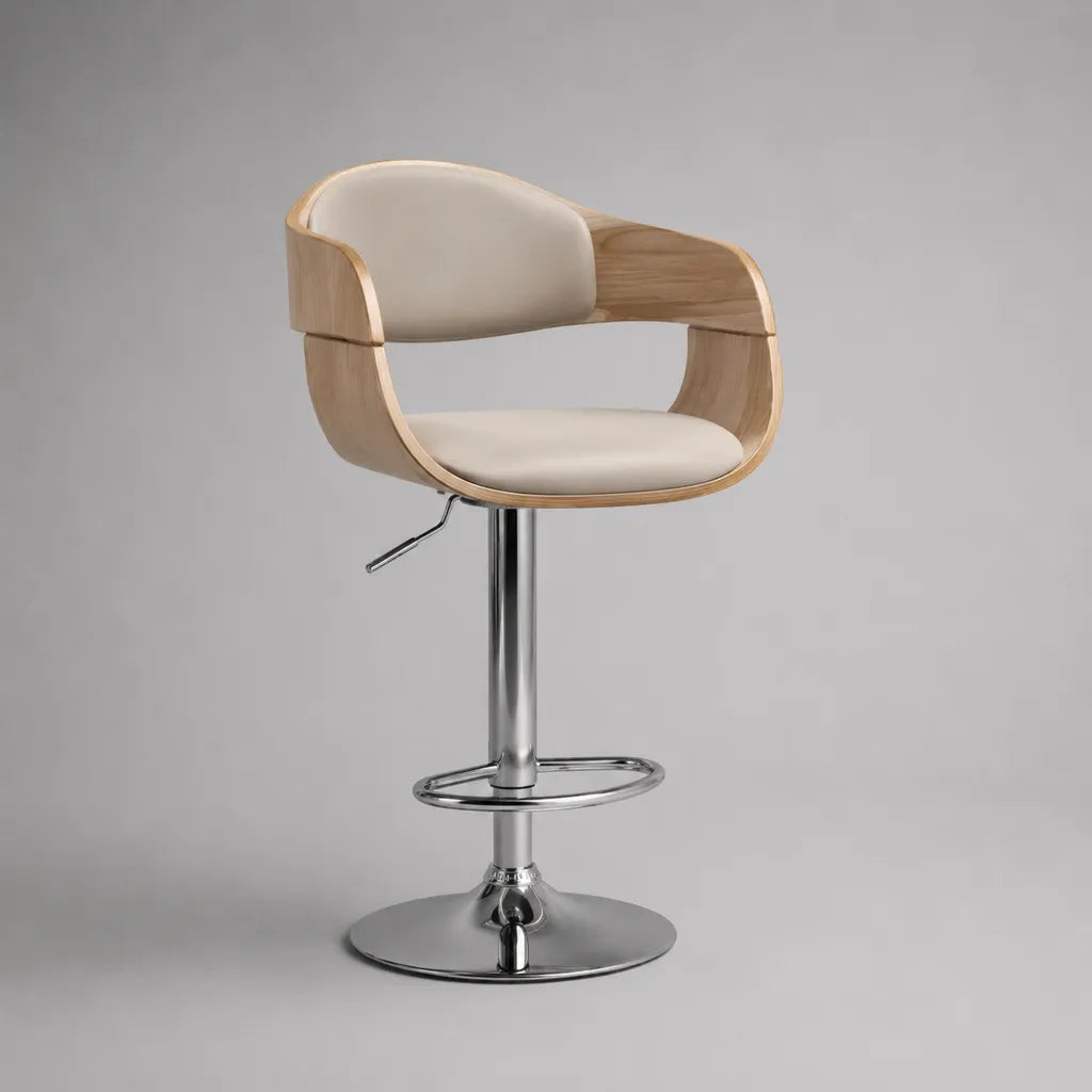 Sgabello da bar girevole regolabile in legno, pelle sintetica e metallo, beige, rovere naturale e argento, 54 x 51 x 89-110 cm