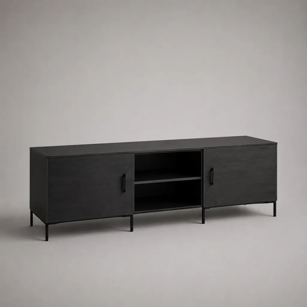Mobile porta TV rettangolare nero in legno e metallo, 160 x 40 x 60 cm, con 2 ante e 2 vani aperti
