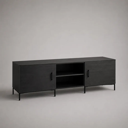 Mobile porta TV rettangolare nero in legno e metallo, 160 x 40 x 60 cm, con 2 ante e 2 vani aperti