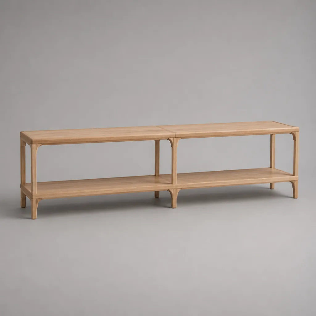 Mobile porta TV basso rettangolare in legno massello di olmo marrone chiaro con ripiano aperto, 180 × 40 × 60 cm