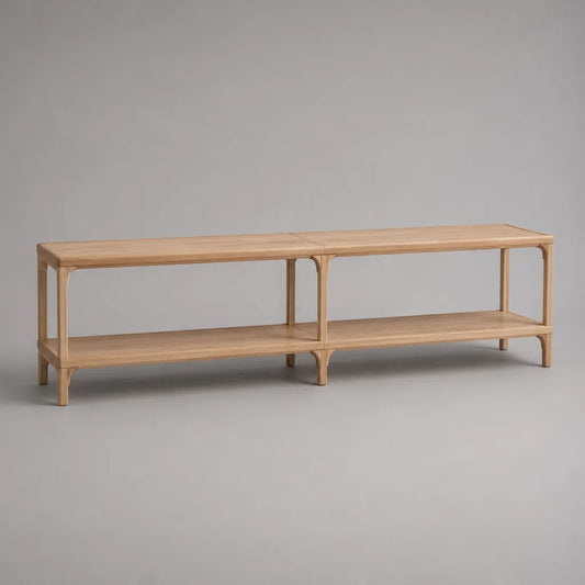 Mobile porta TV basso rettangolare in legno massello di olmo marrone chiaro con ripiano aperto, 180 × 40 × 60 cm