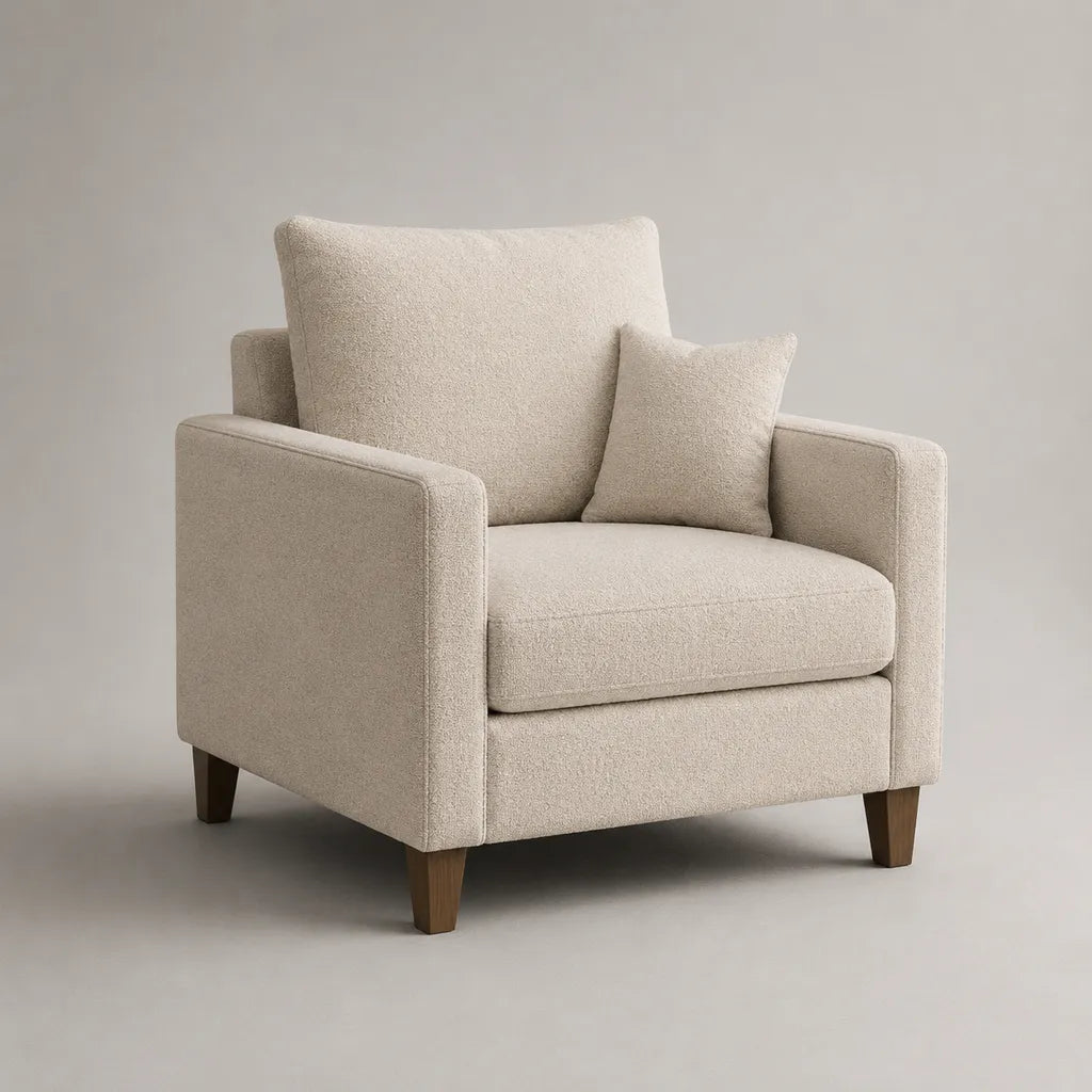 Poltrona imbottita in bouclé di poliestere crema con braccioli e cuscino, 88 x 86 x 91 cm