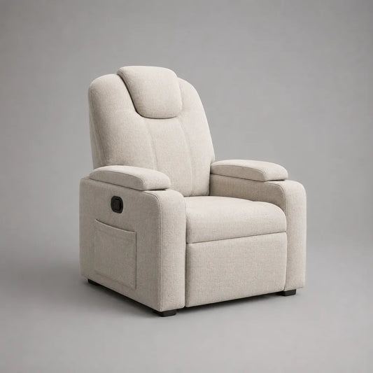 Poltrona reclinabile manuale in poliestere beige con poggiatesta e tasca laterale, 78 × 92 × 105 cm